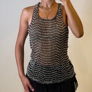 Black Mesh Tank Top with Pearls